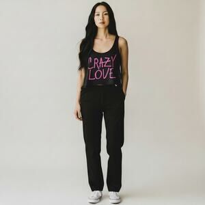 Vintage Y2K Forever 21 Crazy Love Black Hot Pink Lace Sleeveless T-Shirt Small